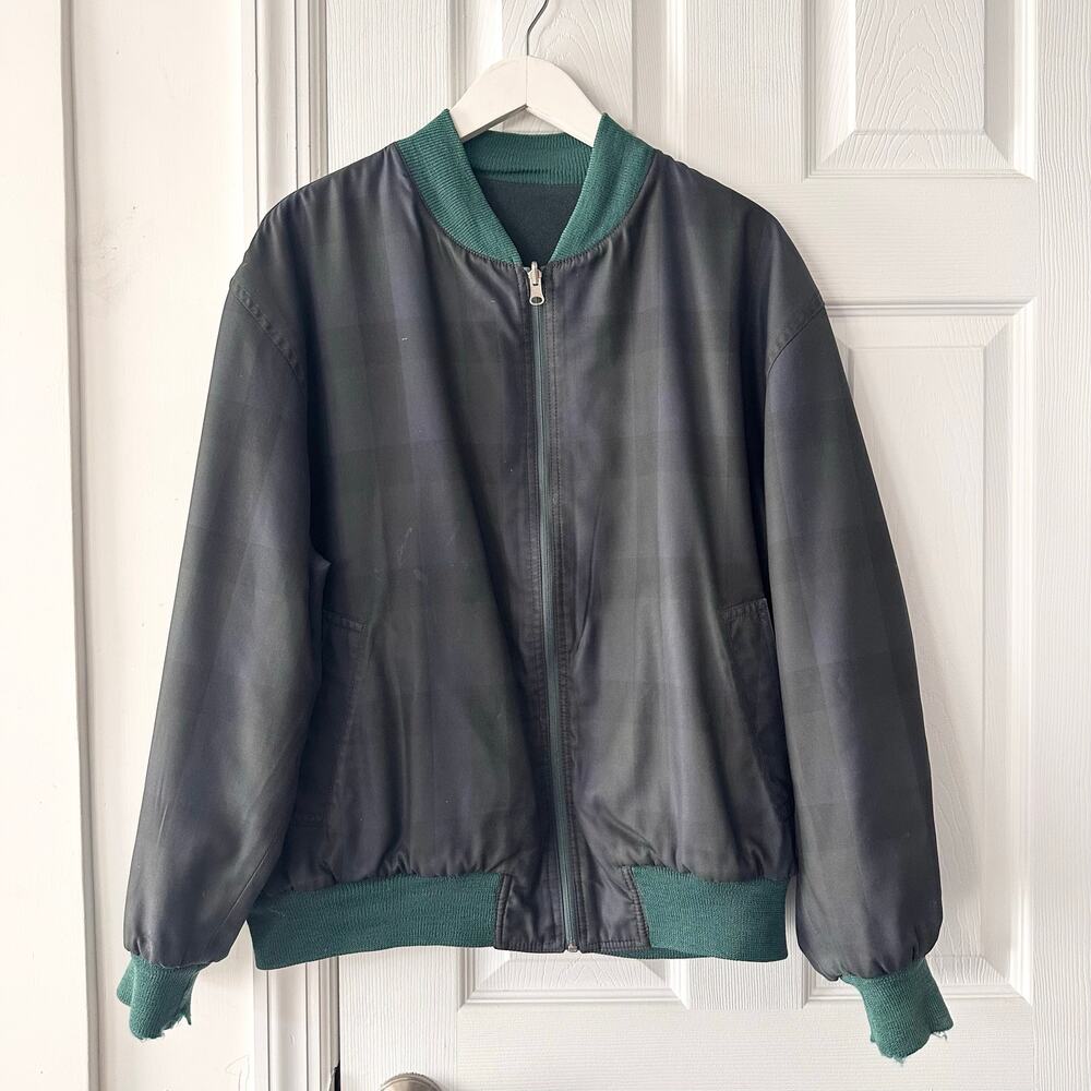 Dunhill Vintage Italy Blue Green Plaid Reversible Full Zip Bomber Jacket 40 Wool